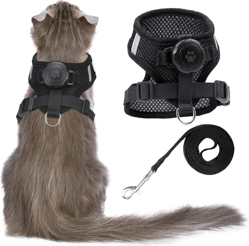AirTag - Arnés y correa para caminar, chaleco integrado para gatos con soporte de etiqueta de aire 100% impermeable, a prueba de escape,