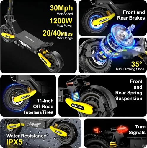 Miniatura 3 de Patinete eléctrico para adultos, 1200 W/2400 W Motor de pico Fast E, neumáticos todoterreno de 11 pulgadas, hasta 31/40 MPH y 20/45 millas de largo