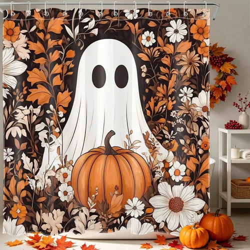 Miniatura 19 de HVEST Cortina de ducha de Halloween, linterna de calabaza y gnomo, cortina de ducha de baño, cortina de ducha de murciélago y araña, decorativa
