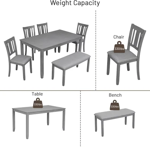 Miniatura 7 de Elegante juego de mesa de comedor de madera de 6 piezas con 4 sillas de respaldo de listones y un banco, juego de mesa de comedor de cocina para 6