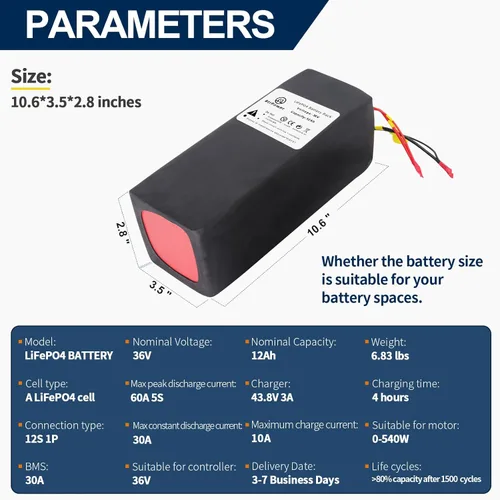 Miniatura 3 de Paquete de baterías de litio B de 36V 12AH LiFePO4 incorporado 30A BMS para motor de 36V 0-540W