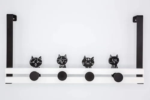 Miniatura 2 de Creathome Riel sobre la puerta con 4 ganchos de clavija, bonito patrón de gato, estilo blanco y negro