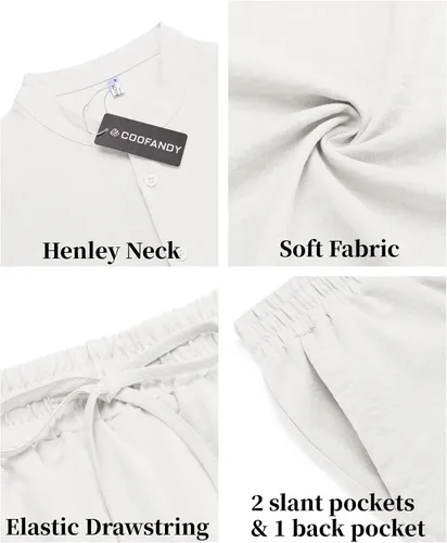 Miniatura 5 de COOFANDY Conjunto de 2 piezas de lino para hombre, camisas Henley casuales de manga corta, pantalones cortos de yoga para la playa, pantalones