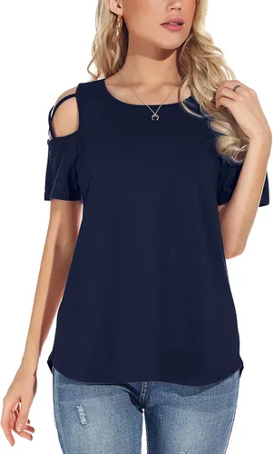 Miniatura 2 de NILOUFO - Blusas de verano para mujer, manga corta, tiras y hombros descubiertos