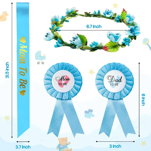 Miniatura 2 de Kit de banda azul y dorada para mamá, revelación de género, corona de guirnalda floral para fiesta con insignia de hojalata, suministros