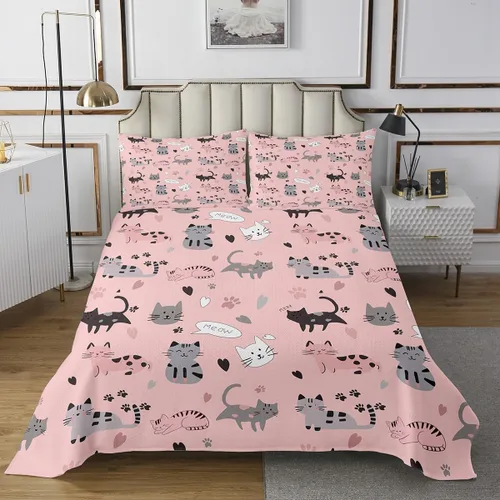 Miniatura 2 de Erosebridal Juego de colcha de gato rosa, tamaño individual para niñas, gris y negro, juego de ropa de cama para niños y niños, lindo juego
