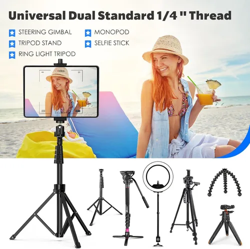 Miniatura 5 de Adaptador de montaje de trípode para iPad con cabeza esférica, soporte universal de abrazadera giratoria 360 con control remoto Bluetooth para iPad