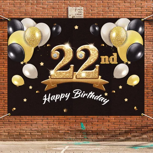 Miniatura 6 de Telón de fondo de pancarta de feliz cumpleaños 22 – Suministros de decoración de fiesta de cumpleaños 22 para hombres y él – Negro dorado 4 x 6 pies
