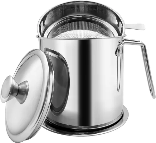Contenedor de grasa de tocino con colador, colador de grasa de 1.3 L y recipiente con tapa a prueba de polvo, almacenamiento de filtro de aceite de