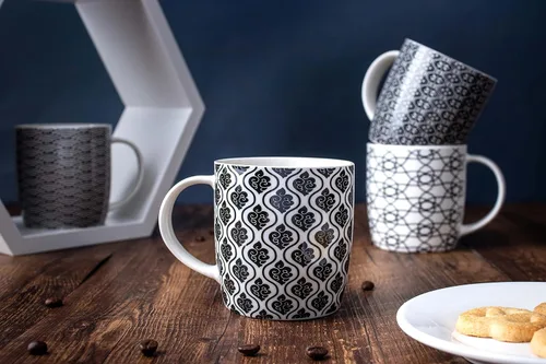 Miniatura 5 de Juego de 6 tazas de café de 11.5 onzas con patrones geométricos en blanco y negro, juego de tazas de té de cerámica Juego de 6 tazas negras