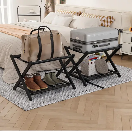 Miniatura 20 de Smart FENDEE Portaequipajes negro totalmente montado, soporte para maleta con estante para zapatos, soporte de equipaje plegable de madera