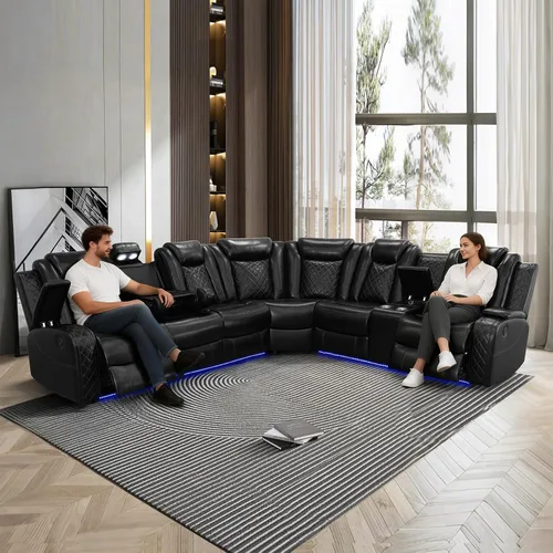 Miniatura 6 de Sofá reclinable de cuero eléctrico, sofá modular de lujo con movimiento eléctrico, asiento ejecutivo de cine en casa, consola de alimentación USB e