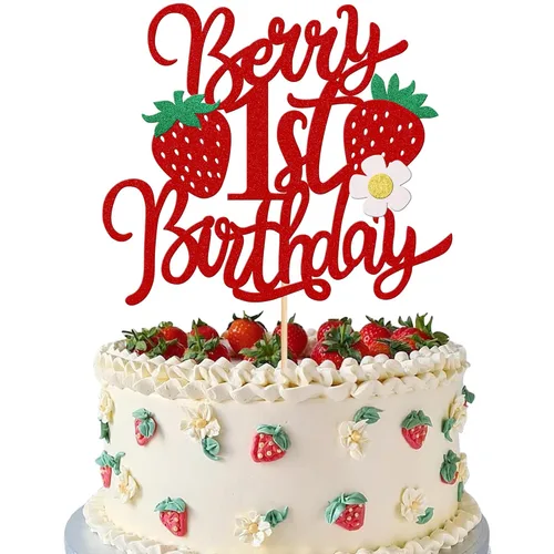 Miniatura 28 de 1 pieza de decoración para pastel de tercer cumpleaños con temática de fresa, flor brillante con temática de frutas dulces, decoración de pastel