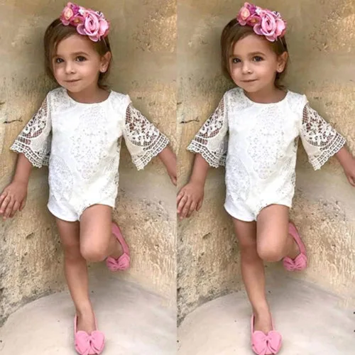 Miniatura 7 de Bebé Bebé Niña Blanca Hueco Ruffles Manga Encaje Mameluco Sunsuit Body