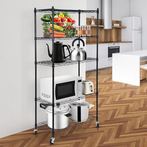 Miniatura 4 de ZENY Estantería resistente de 5 estantes con ruedas, organizador de metal para cocina, oficina, garaje, color negro