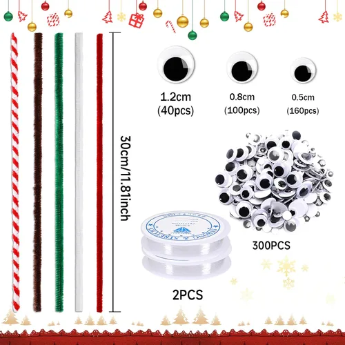 Miniatura 2 de UPINS Juego de 550 limpiapipas navideños que incluye 5 colores de tallos de felpilla y ojos móviles saltones para suministros de manualidades DIY