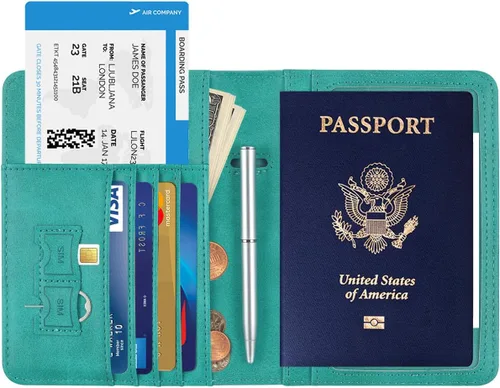 Miniatura 5 de HOTCOOL Funda de cuero con bloqueo RFID para pasaporte, funda de viaje para pasaporte, E Upgrade - A - Verde manzana, Correa elástica - Actualización