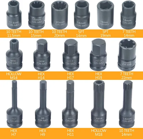 Miniatura 3 de Juego de 16 piezas de pinza de freno de impacto especial de 1/2 pulgada de llave de vaso cuadrada Kit de herramientas de freno compatible