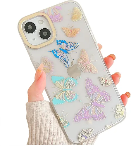 Miniatura 15 de Funda transparente con chispas brillantes para iPhone 15 Pro Max para mujeres y niñas, patrón de mariposas doradas, rosa y azul, funda protectora