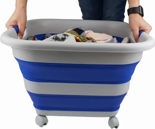 Miniatura 7 de SAMMART Cesta de plástico plegable de 39 L (10.3 galones) con ruedas, contenedor de almacenamiento plegable (1, gris/azul púrpura)
