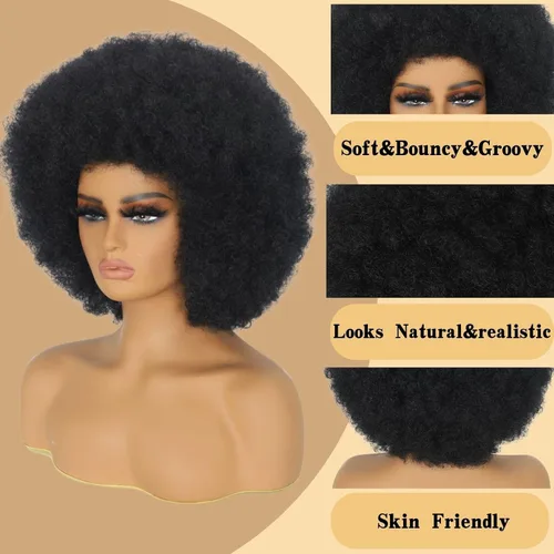 Miniatura 2 de Pelucas Afro para Mujeres Negras Pelucas Afro Rizadas de los 70s Suaves de Aspecto Natural Esponjosas y Saltarinas Pelucas Afro Negras Cabello