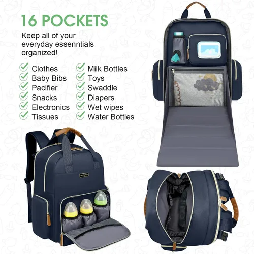 Miniatura 3 de Mochila para pañales con cambiador, organizador de bolsas de pañales para mamás, papás, bolsas cambiadoras grandes para bebés Azul