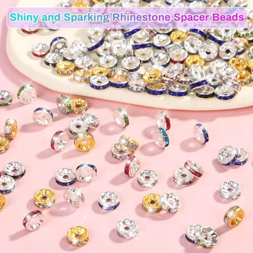 Miniatura 2 de Cuentas espaciadoras redondas para hacer joyas, 600 piezas de cuentas espaciadoras con diamantes de imitación, separadores de cuentas de cristal