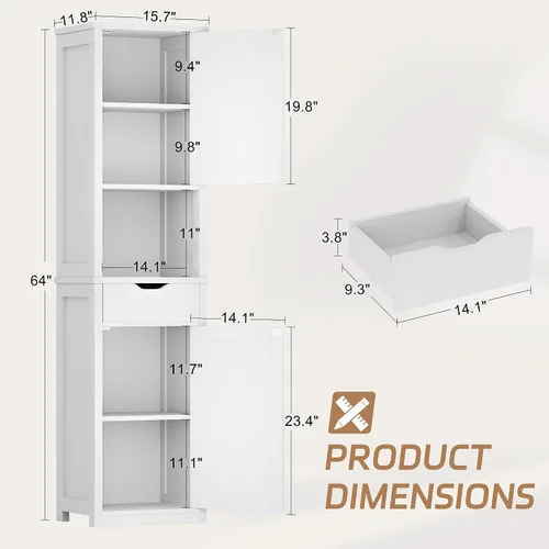 Miniatura 3 de Shintenchi Armario de almacenamiento alto para baño, gabinete de piso delgado de esquina con puertas y cajón, organizador de baño estrecho Blanco
