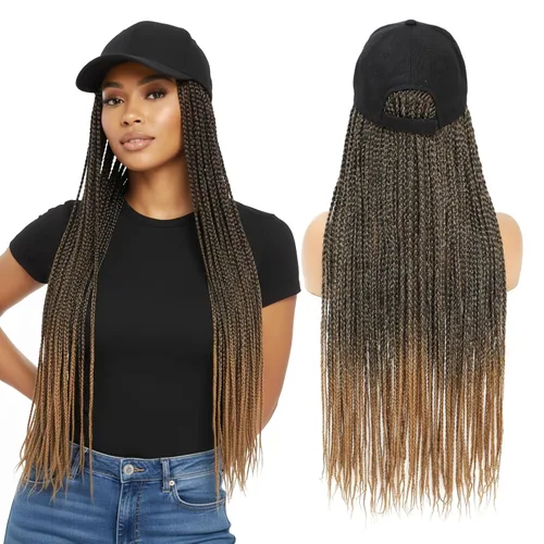 Miniatura 12 de Gorra con peluca para mujeres con gorra de béisbol y cabello trenzado adjunto, peluca de trenzas negras sintéticas, gorra ajustable con trenzas