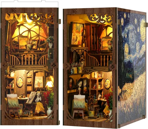 Miniatura 8 de SUNNINO Kit de Rincón de Libros - Kit de Casa de Muñecas en Miniatura DIY, Rompecabezas 3D de Madera con Luz LED, Kits de Rincón de Libros