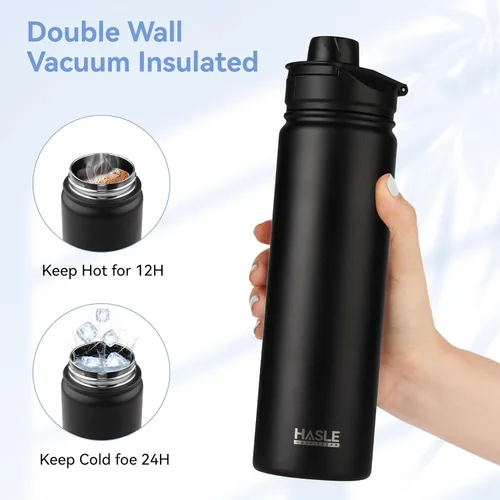 Miniatura 4 de HASLE OUTFITTERS Botella de agua aislada de 22 onzas, botella de agua de acero inoxidable de doble pared, boca ancha con tapa de popote y tapa