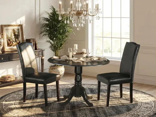 Miniatura 2 de East West Furniture DLEN3-BLK-69 - Juego de muebles de comedor de 3 piezas que contiene una mesa de comedor redonda con gotas y 2 sillas tapizadas