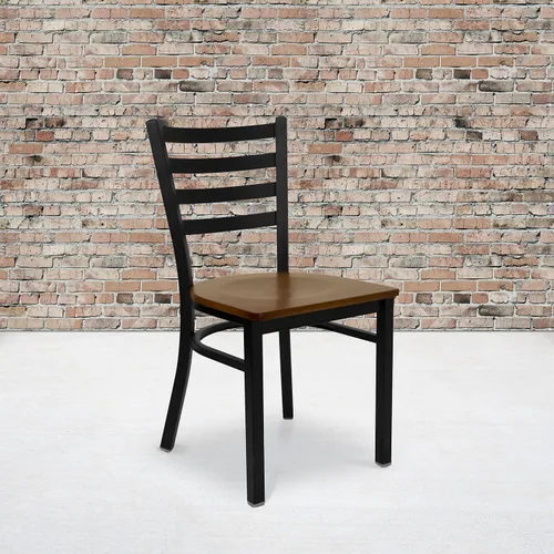 Miniatura 2 de Flash Furniture HERCULES Series - Silla de restaurante de metal con respaldo de escalera negra, 2 unidades, asiento de madera de cerezo