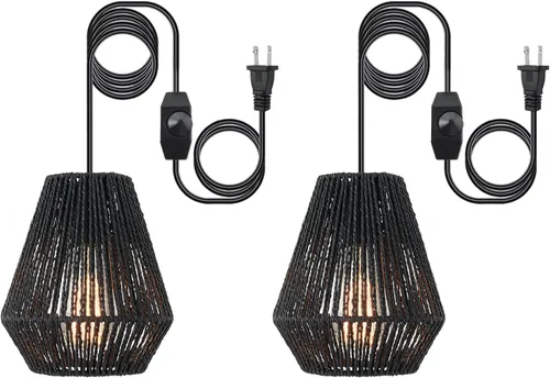Miniatura 10 de Lámpara colgante enchufable, lámpara colgante con cable de 15 pies, interruptor de encendido/apagado, cesta de ratán tejida a mano negra, lámpara