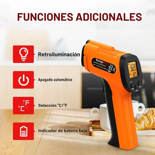 Miniatura 7 de ThermoPro Pistola de termómetro infrarrojo TP30, termómetro láser para cocinar, horno de pizza, plancha, motor, HVAC, pistola de temperatura láser