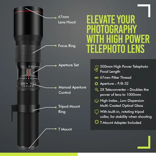 Miniatura 9 de Objetivo telefoto manual de 500mm/1000mm f/8 de alta potencia para Nikon D500, D600, D610, D700, D750, D800, D810, D850, D3100, D3200, D3300, D3400