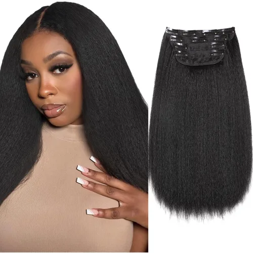 HANNE Extensiones de cabello lacio rizado con clip sin costuras en piezas de cabello | 4 piezas/lote, extensiones de cabello sin costuras, Negro