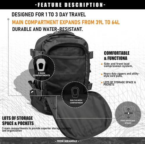 Miniatura 5 de Mochila táctica Miramrax para senderismo militar - Mochila Molle para hombres, paquete de asalto de 3 días, bolsa de evacuación para camping, viaje