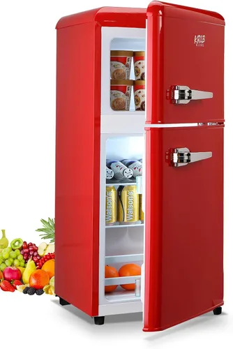 Miniatura 9 de KRIB BLING Mini refrigerador compacto, refrigerador pequeño, termostato ajustable de 7 niveles, estantes extraíbles con acero inoxidable, 2 puertas