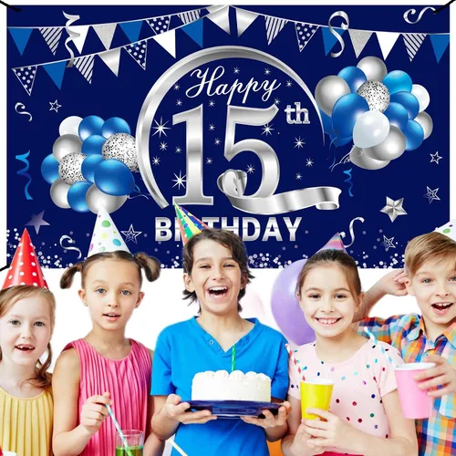 Miniatura 5 de Cartel de cumpleaños número 15 azul y plateado para niños, suministros de fiesta de fondo de cumpleaños de 15 años, póster de quince cumpleaños