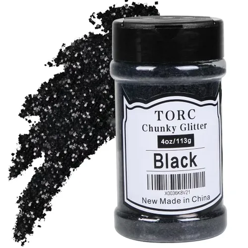 TORC Brillantina gruesa negra de 4 onzas para manualidades de resina, tumblers, maquillaje cosmético, arte de uñas, decoración de festivales