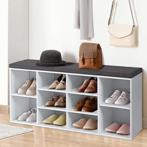 Miniatura 2 de DORTALA Banco de zapatos con cojines acolchados, armario de almacenamiento de 10 cubos con estantes ajustables, banco de almacenamiento de zapatos