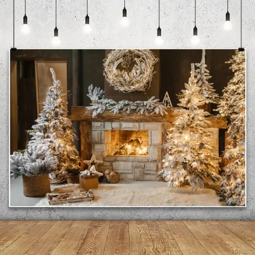 Leowefowa Telón de fondo de fotos de Navidad de 5x3 pies Fondo de guirnalda de chimenea de invierno Chimenea vintage de Navidad Árbol de Navidad