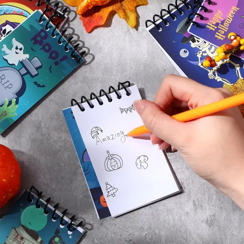 Miniatura 5 de Jetec Juego de 48 cuadernos de Halloween, mini bloc de notas en espiral, divertidos bolígrafos de gel de dibujos animados, fantasma, calabaza