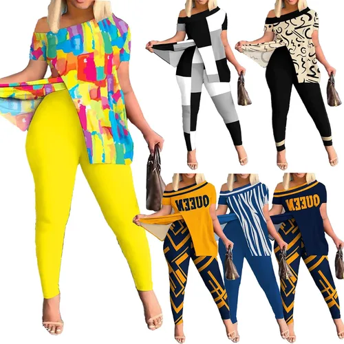 Miniatura 3 de Ecirod Conjunto de 2 piezas de verano para mujer, con un hombro, estampado floral, parte superior con abertura alta, conjunto de leggings