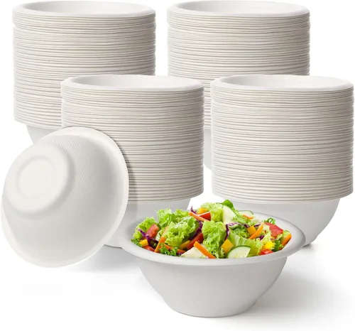 Potchen - Paquete de 300 cuencos de papel desechables de 8 onzas, cuencos de bagazo de caña de azúcar blanca para ensalada de sopa, helado, postre,