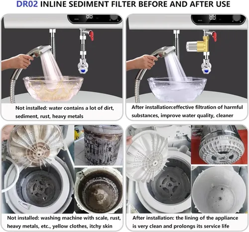 Miniatura 3 de DR02 Filtro de sedimentos de latón reutilizable, filtro de agua para lavadora de 40 micrones, para lavadora, jardín, calentador, RV, protección