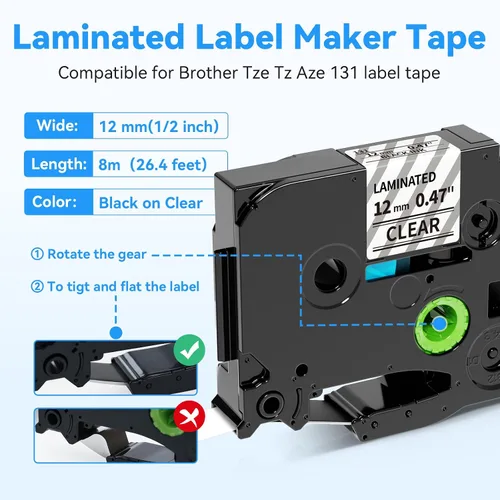 Miniatura 3 de Cinta de etiquetas transparente de 0.47 pulgadas laminada TZe-131 de repuesto para cinta de etiquetas Brother transparente de 0.472 in TZe TZ