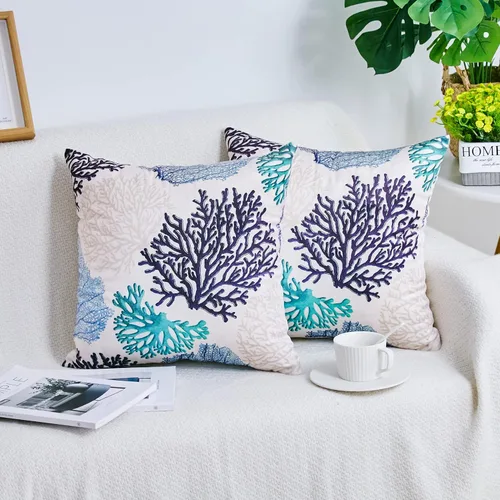 Miniatura 2 de Juego de 2 fundas de almohada decorativas de terciopelo de lujo con temática de ramas coralinas costeras para sofá, cama, sofá, decoración rural