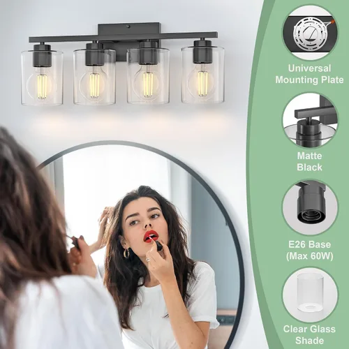 Miniatura 3 de Honesorn Lámparas de baño de 4 luces, luz de tocador de baño, color negro mate, accesorios de iluminación modernos con pantalla de vidrio